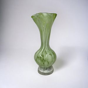 Art Glass Vase Hand Blown Green White Ruffled Rim Small 6.5" Tall Decor Flowers